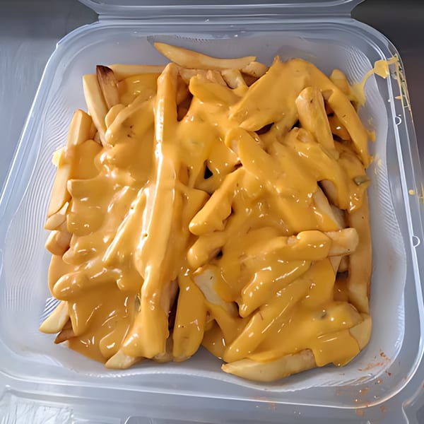 Fast Eddie's cheesy fries, a clear plastic container filled with golden fries smothered in melted cheese.